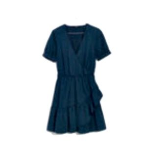 Madewell align short sleeve ruffle-wrap mini dress with v-neck in night sky navy